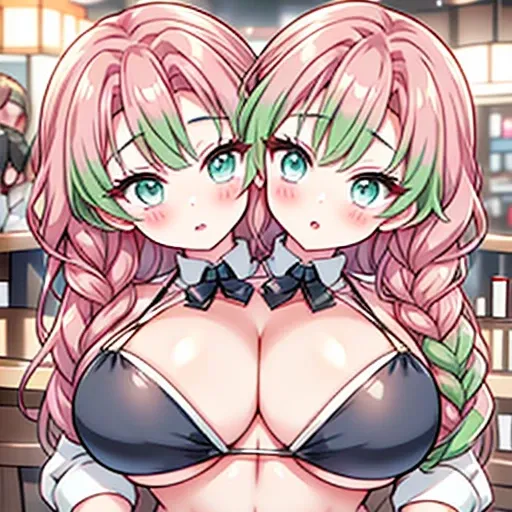 Your two headed massive fat wife conjoined to your fat mitsuri cosplayer daughter fully clothed in a cosplay outfit and a very overfull bikini top on their two headed body. Her two distinct heads are clearly drunk and face to face with their lips touching ...