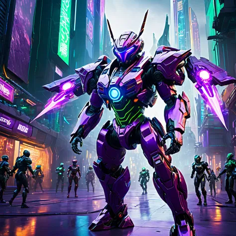 best quality,4k,8k,highres,masterpiece:1.2,ultra-detailed,realistic:1.37,cyberpunk,cybernetic,purple cyber warrior,green cyber warrior,busty cybernetic warriors,robotic castle,high-tech,high fantasy,alien world dream castle,sci-fi,action-packed,thrilling,b...