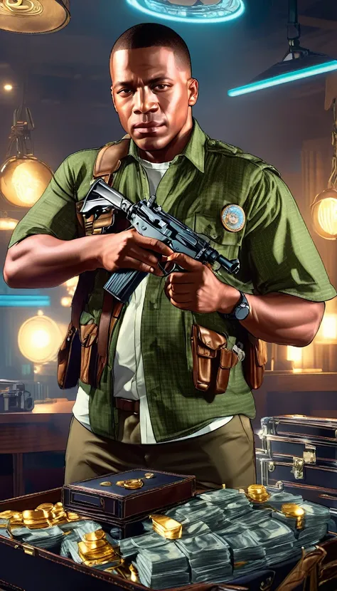 Carl Johnson holding a pistol, background cinematic, hyper realistic, ultra detailed hyper realistic, photorealistic, Studio Lighting, reflections, dynamic pose, Cinematic, historical accuracy, Color Grading, Photography, Shot on 50mm lens, hyper-detailed,...