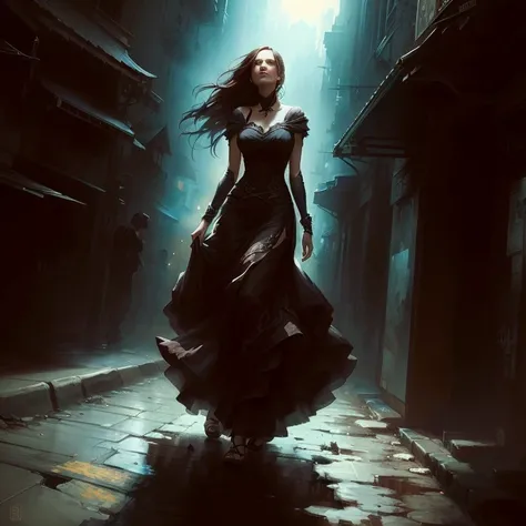 A woman in a long dress walking down the street, Raymond Swanland&#39;s style, Charlie Bowter: Rich and deep colors, by Bastien L. Number 10, Dark fantasy art, Rob Ray, Dark Fantasy Art, Bastien Lucouf dArmes, Dark fantasy concept art, Character art by Cha...