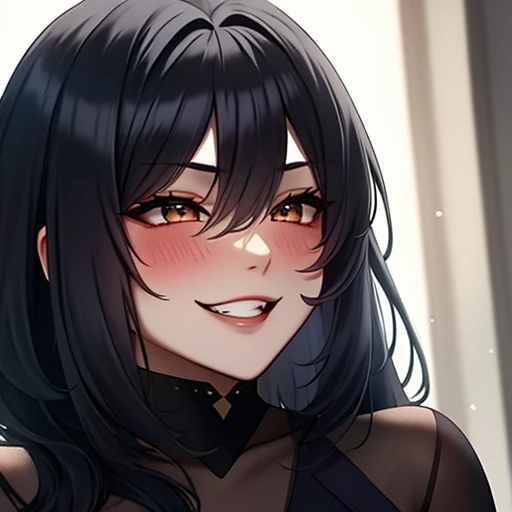 beautiful, masterpiece, best quality, extremely detailed face, perfect lighting, 1girl, solo, shegolady, evil grin, blush, black long hair, 