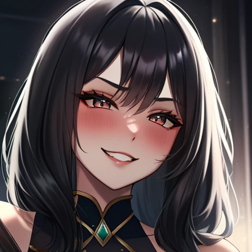 beautiful, masterpiece, best quality, extremely detailed face, perfect lighting, 1girl, solo, shegolady, evil grin, blush, black long hair, 