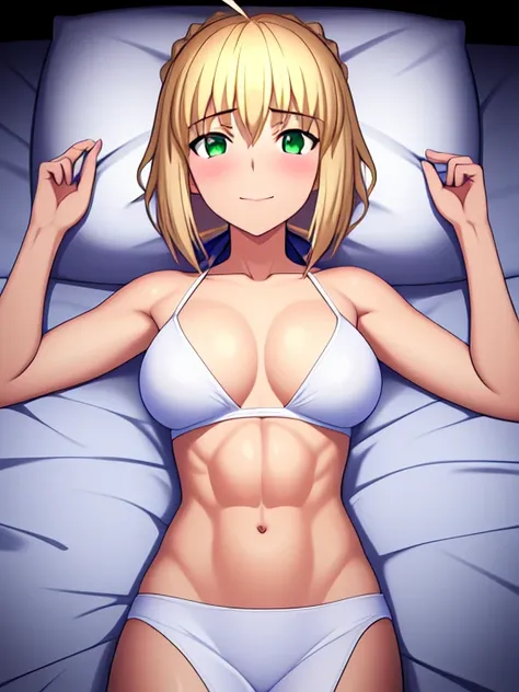 Best_quality, masterpiece, highres, detailed, detailed_background, ray_tracing_graphic, solo, adult_female, {saber_fatestaynightufotable:1.15}, blonde_hair, little_ahoge, detailed_green_eyes, blue_ribbon, 1girl, anime_coloring, detailed_face, happy_face, f...