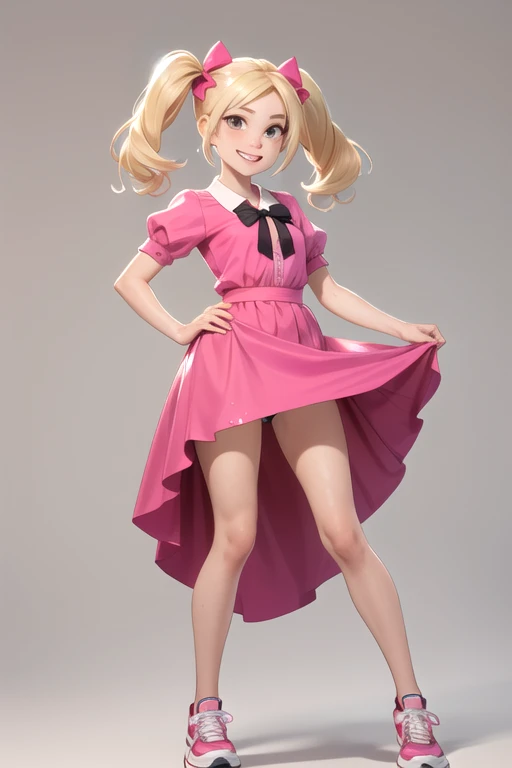 helga, solo, 1girl, blonde hair, floating hair, black eyes, twintails, monobrow, hair bow, pink dress, smile, sneakers,looking at viewer, hand on hip, simple background, standing, teeth, upskirt view, panties reviews, skirt lift, wet legs 