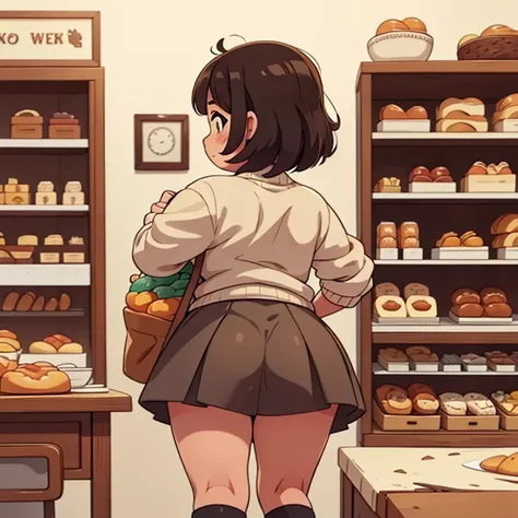 Solo female, chubby girl, looking at bakery display case, sweater, skirt, thigh high socks, from behind