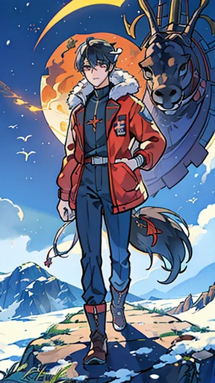  Handsome and strong tall black-haired dreamer engineer working in a high-ranking department dressed in snow jacket, warm pants and snow boots playing with a chimera puppy made of flame body, triceratops steering wheel,seal tail, monarch butterfly wings, w...