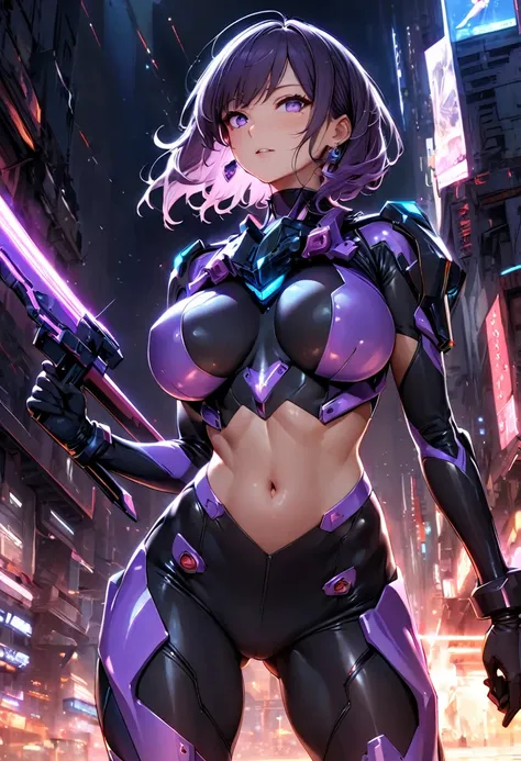 Woman in a futuristic suit, Very detailedな顔, nice, mother, Tomboy, Very large breasts, Battle Suit, Cyber Suit, Anime girl in tight suit, Milfication, Elegant body, Focus on the navel, gloves, Earrings, Leg armor, SF, Female protagonist, Are standing, Volu...