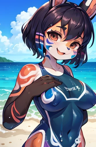 skinny rabbit mom , round face , (tilt face:1.1) , (half-open wink:1.2) , moist round eyes , Swollen cheeks , dark color hair , Maternal smile , glossy lips , (swimsuits , bodypaint:1.5) , melting paint of bodypaint , erect nipple , natural tits , sunny be...