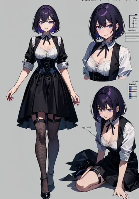 Purple hair,Short hair,Adult female,(Bartender),((Body harness)),((Black vest)),(Rolling up your sleeves shirt),(Corset),(Above knee length skirt),High heels,((Simple background)),Smile,((Full body)),((whole body)),Character Sheet,