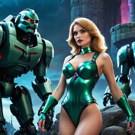 best quality,4k,8k,highres,masterpiece:1.2,ultra-detailed,realistic:1.37,Milana Aleksandrovna Vayntrub is a sexy villain leading an army of robots and monsters in the He Man universe. She is standing in front of Castle Grayskull, the stronghold of power. T...