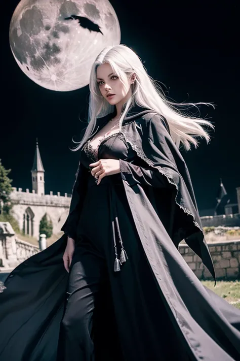 1lady,solo,vampire,fantastic,cool, sorrow,darkness,white hair and long hair,dress,gorgeous cloak,old castle,the lurid bloody moon,flying bat