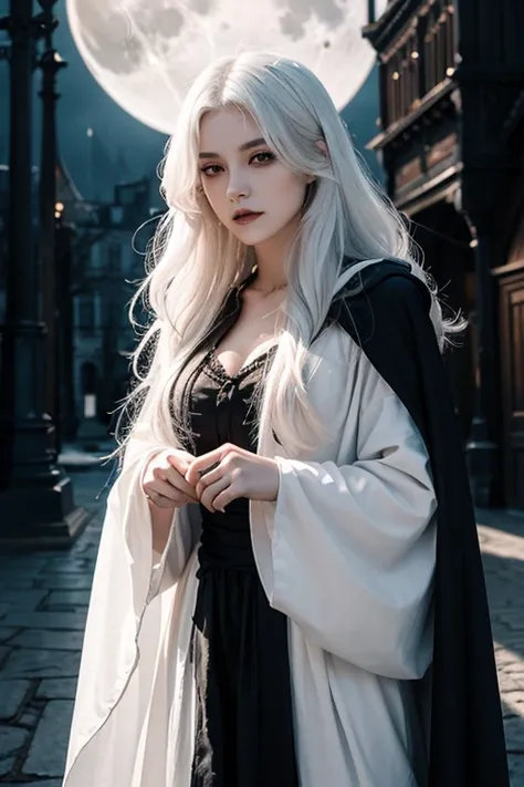 1lady,solo,vampire,fantastic,cool, sorrow,darkness,white hair and long hair,dress,gorgeous cloak,old castle,the lurid bloody moon,flying bat