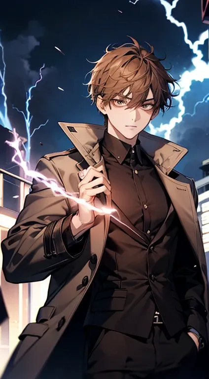 20歳のmens子1人, aura, Biribiri, black_background, Bi色_eye,Biく光るeye,Bi_fire,  zone, Brown Hair, anger, coat, crystal, electricity, energy, burn, _BlAnd_eye,   lightning, length_sleeve, look up_in_Audience, magic, mens_concentrated, black_coat, simple_backgroun...