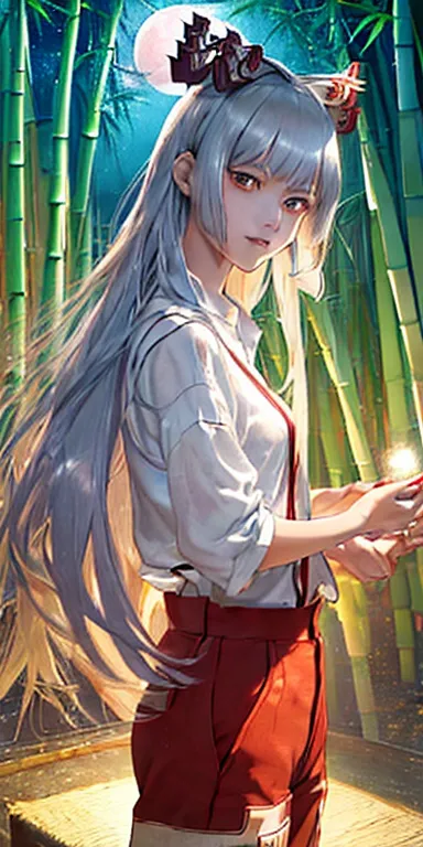 (masterpiece, highest quality:1.3), (Super detailed:1.3), (Upper Body:1.3), fujiwara no mokou, touhou series, Perfect Face, Expressive eyes, 1 girl, View your viewers, 16 years old, beautiful, anime, roller, (Silver Hair, Long Hair, White shirt, Red trouse...