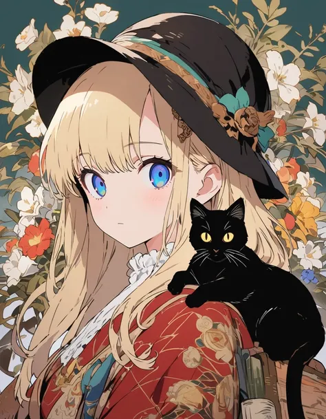 anime style, blond girl with a black hat sitting on top of books and a cat, patterned background, full body portrait, surrounded by flowers and plants, retro patterns, dark green and light yellow, intricate details, high resolution, vintage style. --ar 3:4...