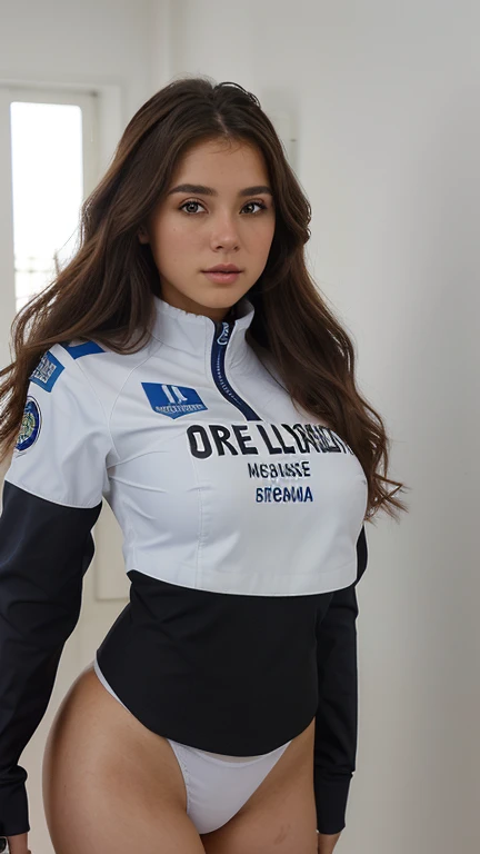 xoaeriel, a beautiful woman with wavy brown hair, ojos azules, nariz redonda, vistiendo un cohete de equipo,uniforme del equipo cohete,falda blanca,letra roja R,top corto,medias negras hasta el muslo,guantes negros hasta el codo,hiperealista