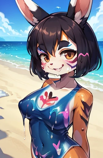 skinny rabbit mom , round face , (tilt face:1.1) , (half-open wink:1.2) , moist round eyes , Swollen cheeks , dark color hair , Maternal smile , glossy lips , (sloppy swimsuits bodypaint:1.5) , melting paint of bodypaint , erect nipple , natural tits , sun...