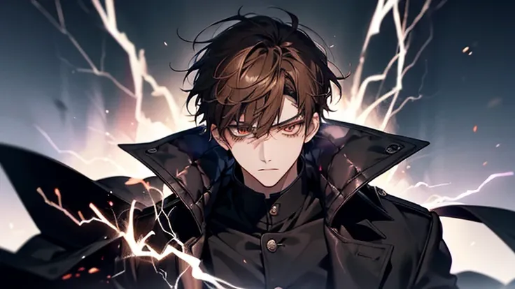 20歳のmens子1人, aura, Biribiri, black_background, Bi色_eye,Biく光るeye,Bi_fire,  zone, Brown Hair, anger, coat, crystal, electricity, energy, burn, _BlAnd_eye,   lightning, length_sleeve, look up_in_Audience, magic, mens_concentrated, black_coat, simple_backgroun...