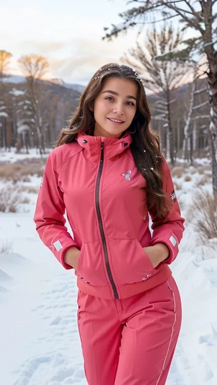 xoaeriel, a beautiful woman with wavy brown hair, ojos azules, nariz redonda, wearing a ski suit on a snowy day,traje rosa,Luz natural,en el bosque,hiperealista, usando ropa para la nieve, doblando, en la nieve,Photoshoot,en esqui,seguro,cuerpo completo