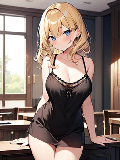 Tabletop, highest quality,figure, wallpaper, Super detailed, Absurd beauty、(night、Dark Room)、((1 beautiful girl、16 years old))、Black camisole、(Blonde、Medium Hair、Wavy Hair、Very large breasts、Ample breasts）、Beautiful legs、Shyness