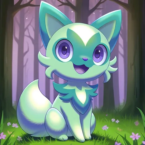 masterpiece, best quality, highest picture quality, purple eyes, shiny pokemon, forest background, solo, female, happy, open mou...