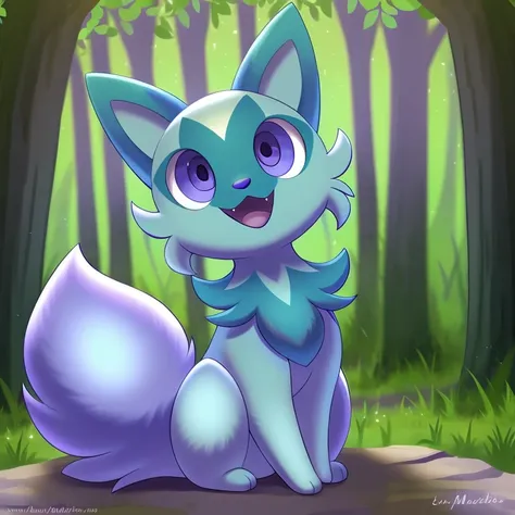 masterpiece, best quality, highest picture quality, purple eyes, shiny pokemon, forest background, solo, female, happy, open mou...