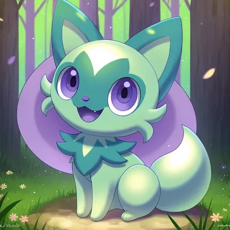 masterpiece, best quality, highest picture quality, purple eyes, shiny pokemon, forest background, solo, female, happy, open mou...