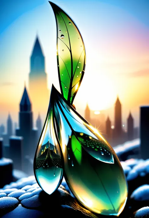 ethereal fantasy concept art of  TransformersStyle, Macro Photography, Huge dewdrops, Microscopic World, Selective focusing, [:Fractal pattern, Filigree, shattered glass:8], The exterior metal structure wraps around the BREAK sunset, City, magic ambient gr...