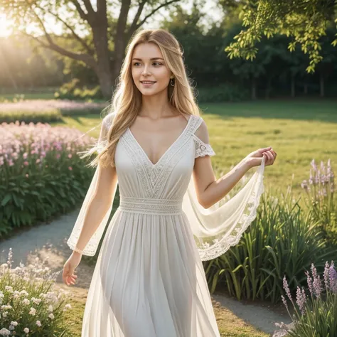 (best quality,4k,8k,highres,masterpiece:1.2),ultra-detailed,(realistic,photorealistic,photo-realistic:1.37),beautiful Ukrainian woman,blonde hair,deep blue eyes,fair skin,fine facial features,blossoming flower garden,soft sunlight,ethereal atmosphere,vibra...