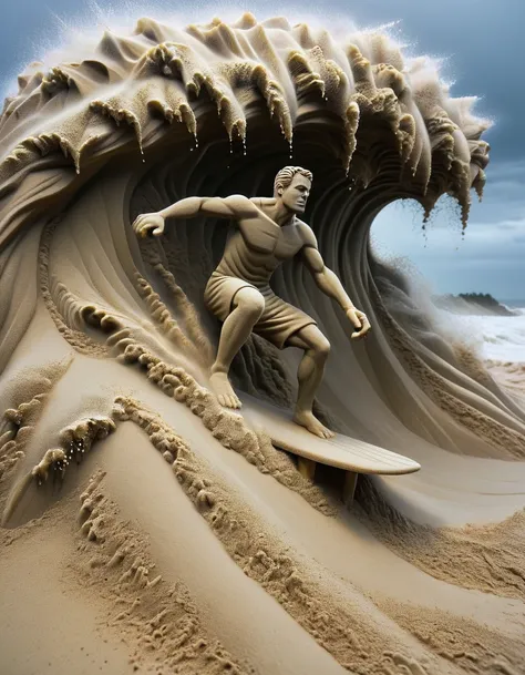 in a sand sculpture style,  surfer conquering a towering wave during a storm, water splashing and foam swirling in the air.