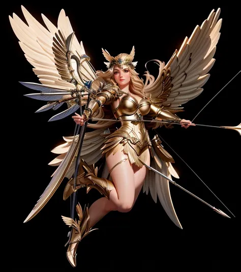 close-up of a woman holding a bow and arrow and wings, angel knight girl, huge breasts，cleveage，winged archer, 3d fantasy art,fa...