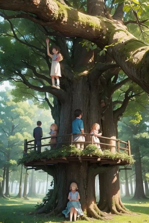 five to six children,boys and girls,outdoor,in forrest,a lot of trees,on the tree,secret base,tree cheap base