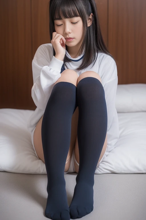 (highest quality,8k,RAW Photos,Realistic,High resolution:1.2),(Cute Japanese Girl_sleep:1.5)_(Crying in pain_Bangs Patsun Hair),(Huge breasts:1.20),(The body is slim、Naughty body、Lying on bed,(Very tight calf sheer tights:1.3),Tight white compression short...