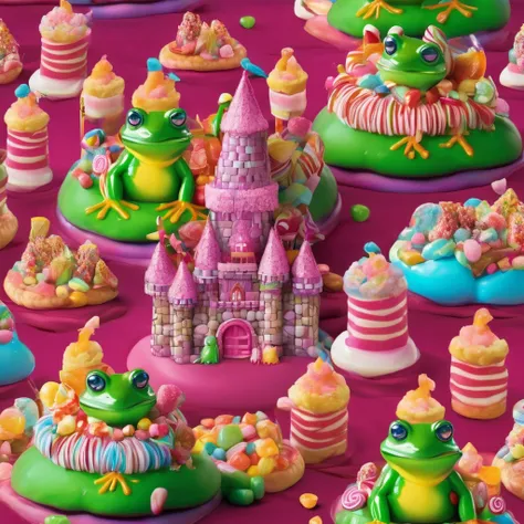 A castle made of candy and yummy food has sexy frog woman peasants going about their dream land day