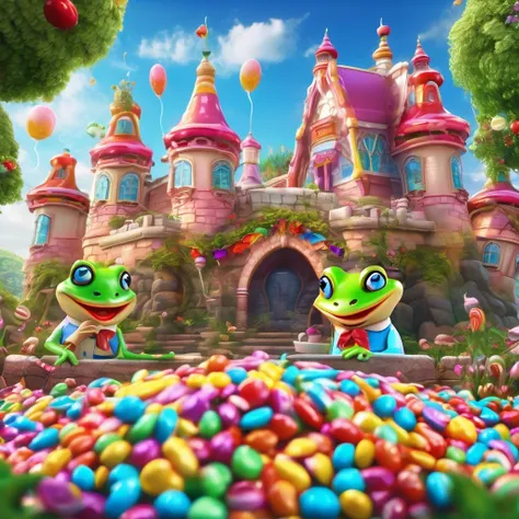 A castle made of candy and yummy food, with sexy frog women peasants going about their dreamland day. (best quality,4k,8k,highres,masterpiece:1.2),ultra-detailed,(realistic,photorealistic,photo-realistic:1.37), candy castle, vibrant colors, delicious treat...