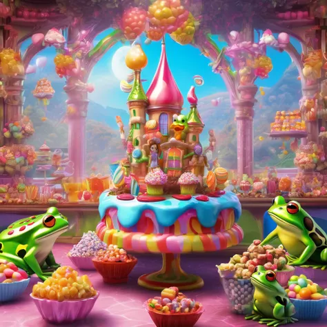 A castle made of candy and yummy food, with sexy frog women peasants going about their dreamland day. (best quality,4k,8k,highres,masterpiece:1.2),ultra-detailed,(realistic,photorealistic,photo-realistic:1.37), candy castle, vibrant colors, delicious treat...