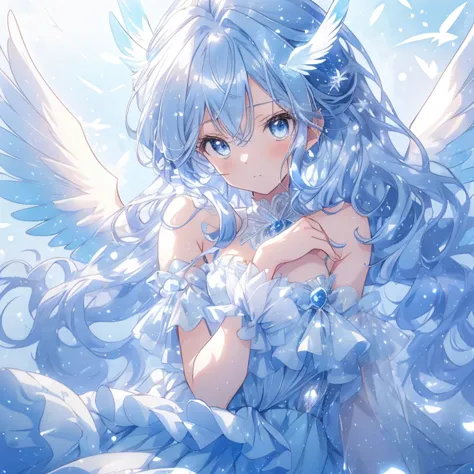 anime-style young female angel character with long, wavy blue hair and sparkling, round blue eyes, radiating an aura of softness...