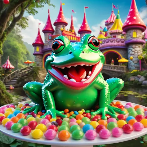 A castle made of candy and yummy food, with sexy frog women peasants going about their dreamland day. (best quality,4k,8k,highres,masterpiece:1.2),ultra-detailed,(realistic,photorealistic,photo-realistic:1.37), candy castle, vibrant colors, delicious treat...