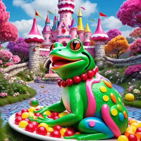 A castle made of candy and yummy food, with sexy frog women peasants going about their dreamland day. (best quality,4k,8k,highres,masterpiece:1.2),ultra-detailed,(realistic,photorealistic,photo-realistic:1.37), candy castle, vibrant colors, delicious treat...