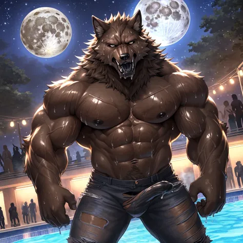 (highest quality:1.2), (masterpiece:1.2), anime, ultra detailed, angle from bottom, standing over viewer
, (Black and brown wolf:1.5), great physique,Strong arms, manly, bodybuilder, (Fine veins:1.5), (shine body:1.5)
, (Excessive sweating:1.7), (Sweat all...