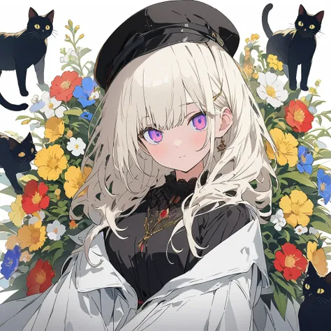 (Pure white background:1.8),anime style, blond girl with a black hat sitting on top of books and a cat, patterned background, full body portrait, surrounded by flowers and plants, retro patterns, dark green and light yellow, intricate details, high resolut...