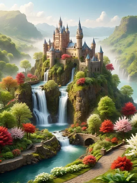 this is a miniature scene.，create an image of a spectacular and mystical realm. at the center, there is an intricate castle, its...