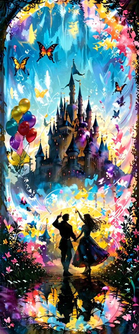 beautiful prince and princess are dancing in front of a very beautiful castle/(full body/),many happy citizens,colorful butterfl...