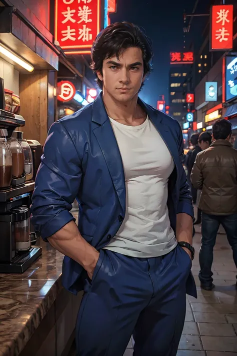 (saeba ryo city hunter ) blue suit jacket red t-shirt, underwear, standing in front of a coffee shop.