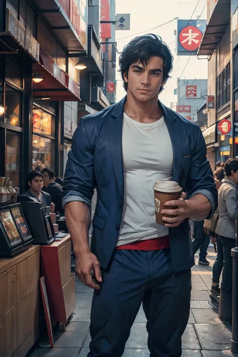 (saeba ryo city hunter ) blue suit jacket red t-shirt, underwear, standing in front of a coffee shop.