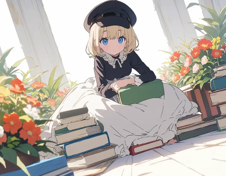 (Pure white background:1.8),anime style, blond girl with a black hat sitting on top of books and a cat, patterned background, full body portrait, surrounded by flowers and plants, retro patterns, dark green and light yellow, intricate details, high resolut...