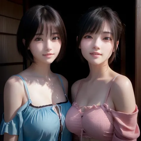 Two women with short hair and pink tops posing for a photo, , 8K Portrait Rendering, Smooth CG art, Gweiz-style artwork, 8k, Soft 3D Rendering, Photorealisticな女の子のレンダリング、8k、RAW Photos、highest quality、Real、Photorealistic、Professional Lighting、mix4、20d、Beaut...