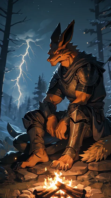 solo, kemono, (kurama from naruto), anthro, male, ((black body)), scales, tail, muscles, handsome, armor, medieval, fantasy, outdoors, outside, dark, night, forest, campfire, camp, stars, sitting, toe claws, epic, depth of field, perfect lighting, (light p...