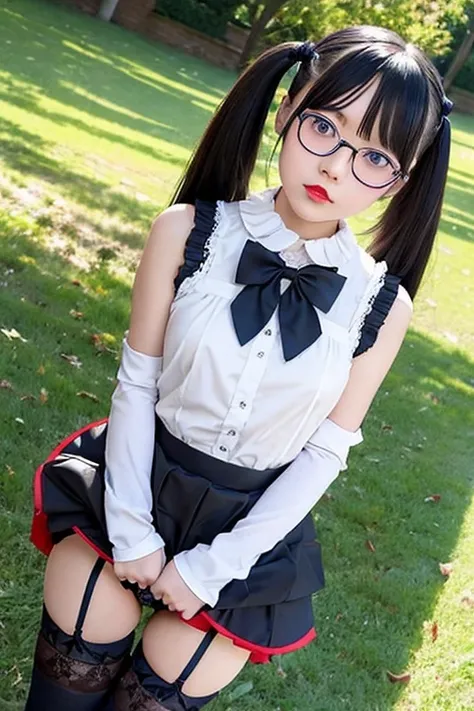 high quality、masterpiece、Gothic Lolita Fashion、Japanese women、19 years old、Over the knee socks、garter belt、Low Angle、The wind blows and my skirt flutters、Very sensitive skin、Fair skin、Red lip makeup、Young Face、turn around、Slim figure、(glasses)、sleeveless、c...