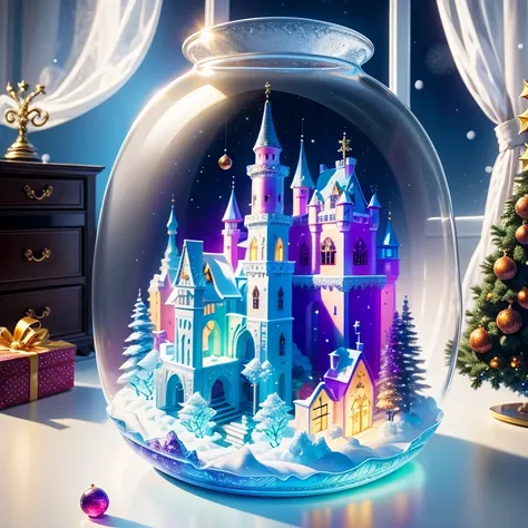 (la best quality,high resolution,ultra detailed,practical)，jelly castle，snow，in the room，christmas decoration，surrounded by chri...